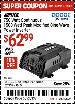 JUPITER 750 Watt Continuous/1500 Watt Peak Modified Sine Wave Power Inverter