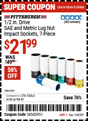 PITTSBURGH AUTOMOTIVE 1/2 in. Drive SAE and Metric Lug Nut Impact Sockets, 7-Piece