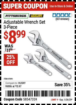 PITTSBURGH Adjustable Wrench Set, 3 Piece