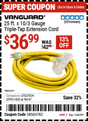 VANGUARD 25 ft. x 10/3 Gauge Triple Tap Extension Cord, Yellow