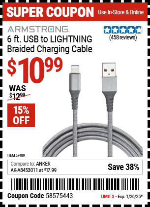 ARMSTRONG 6 ft. USB to LIGHTNING Braided Charging Cable