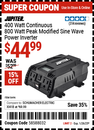 JUPITER 400 Watt Continuous/800 Watt Peak Modified Sine Wave Power Inverter