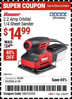 BAUER 2.2 Amp Orbital 1/4 Sheet Sander