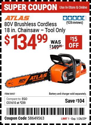 ATLAS 80V Brushless Cordless 18 in. Chainsaw - Tool Only