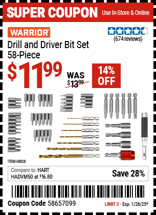 WARRIOR Drill and Driver Bit Set, 58 Piece