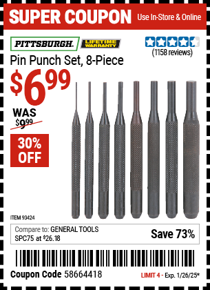 PITTSBURGH Pin Punch Set, 8 Piece