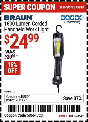 BRAUN 1600 Lumen Corded Handheld Work Light