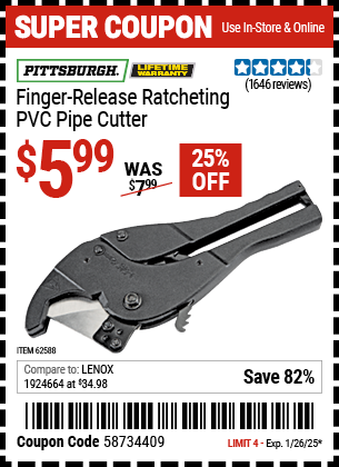 PITTSBURGH Finger Release Ratcheting PVC Pipe Cutter