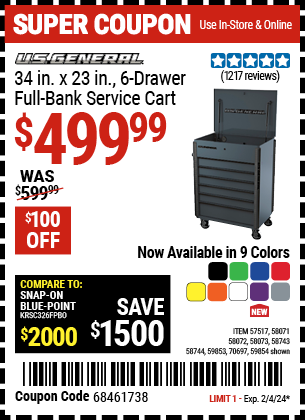 U.S. GENERAL: 34 in. x 23 in., 6-Drawer, Full-Bank Service Cart, Black