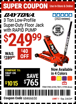 DAYTONA: 3 Ton Low-Profile Super-Duty Floor Jack with RAPID PUMP, Candy Apple Metallic Red