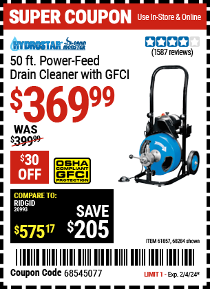 HYDROSTAR DRAINMONSTER: 50 ft. Power-Feed Drain Cleaner with GFCI