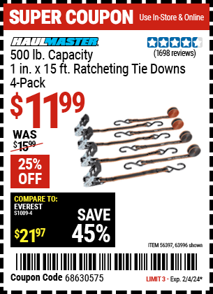 HAUL-MASTER: 500 lb. Capacity, 1 in. x 15 ft. Ratcheting Tie Downs, 4-Pack