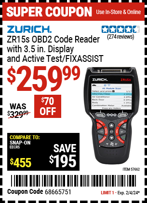 ZURICH: ZR15s OBD2 Code Reader with 3.5 In. Display and Active Test/FIXASSIST