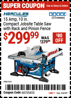 HERCULES: 15 Amp, 10 in. Compact Jobsite Table Saw with Rack and Pinion Fence