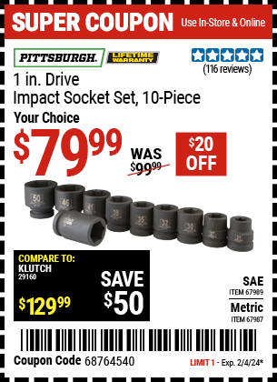 PITTSBURGH: 1 in. Drive SAE Impact Socket Set, 10-Piece