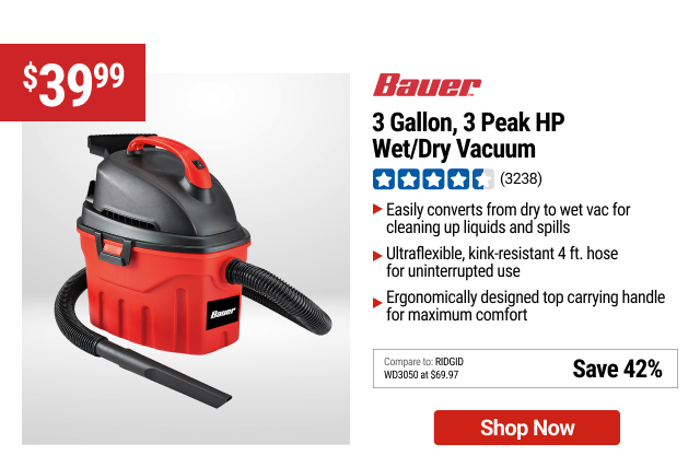 BAUER 3 Gallon, 3 Peak HP Wet/Dry Vacuum