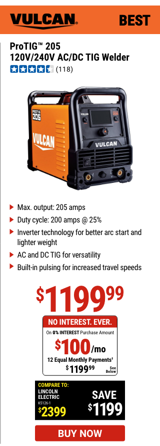 VULCAN: ProTIG™ 205 Industrial Welder With 120/240 Volt Input