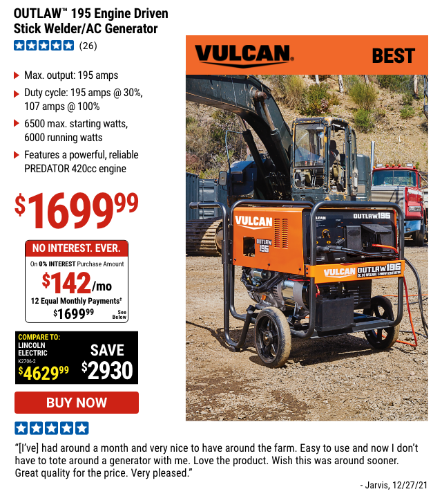 VULCAN: OUTLAW™ 195 Engine Driven Stick Welder / AC Generator