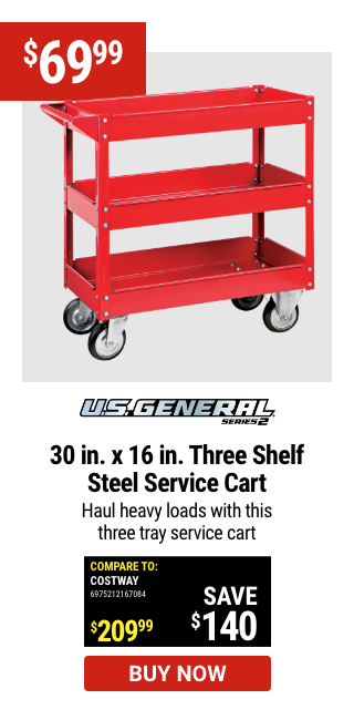 U.S. GENERAL: 30 in. x 16 in. Three Shelf Steel Service Cart, Red