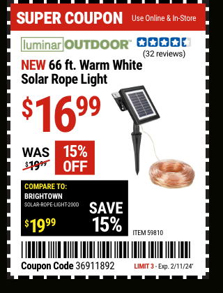 LUMINAR OUTDOOR: 66 ft. Warm White Solar Rope Light