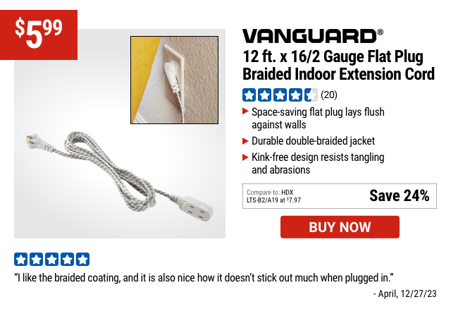 VANGUARD: 12 ft. x 16/2 Gauge Flat Plug Braided Indoor Extension Cord