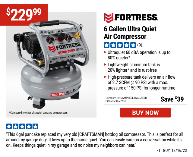 FORTRESS: 6 Gallon Ultra Quiet Air Compressor