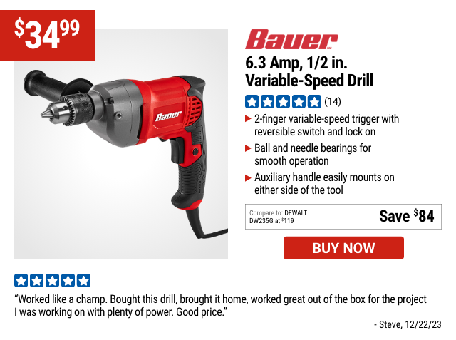 BAUER: 6.3 Amp, 1/2 in. Variable-Speed Drill
