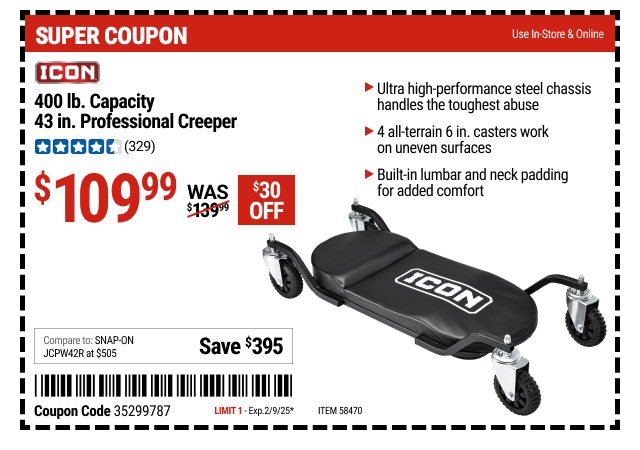 Coupon: CON 400 lb. Capacity 43 in. Professional Creeper