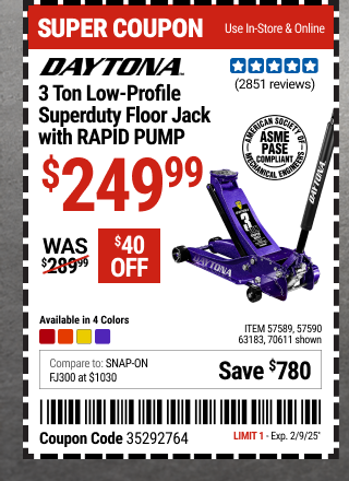 Coupon: DAYTONA 3 Ton Low-Profile Superduty Floor Jack with RAPID PUMP