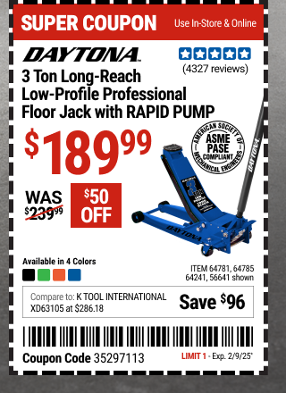 Coupon: DAYTONA 3 Ton Long-Reach Low-Profile Professional Floor Jack with RAPID PUMP