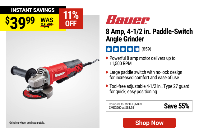 BAUER 8 Amp, 4-1/2 in. Paddle Switch Angle Grinder