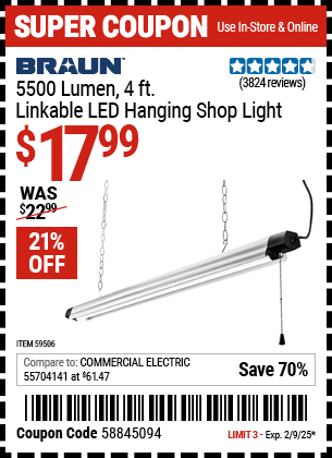 BRAUN 5500 Lumen, 4 ft. Linkable LED Hanging Shop Light