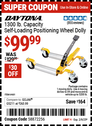 DAYTONA 1300 lb. Capacity Self-Loading Positioning Wheel Dolly