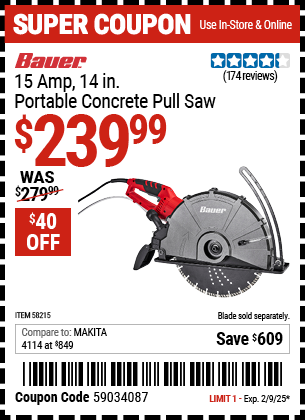 BAUER 15 Amp 14 in. Portable Concrete Pull Saw