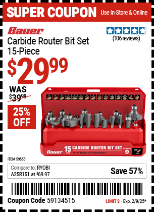 BAUER Carbide Router Bit Set, 15-Piece