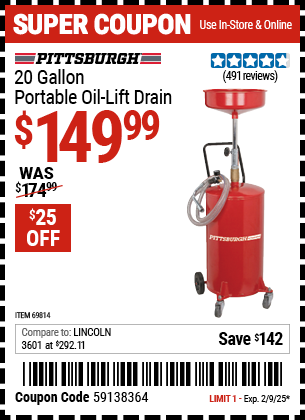 PITTSBURGH 20 gallon Portable Oil Lift Drain