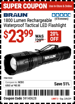 BRAUN 1800 Lumen Rechargeable Waterproof Tactical LED Flashlight