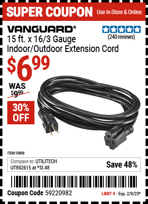 VANGUARD 15 ft. x 16/3 Gauge Indoor/Outdoor Extension Cord, Black