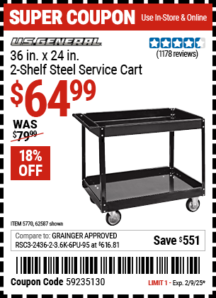 U.S. GENERAL 36 in. x 24 in. Two Shelf Steel Service Cart