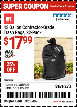 HFT 42 Gallon Contractor Grade Trash Bags, 32 Pack