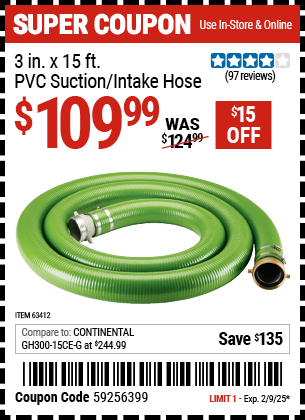 3 in. x 15 ft. PVC Suction/Intake Hose