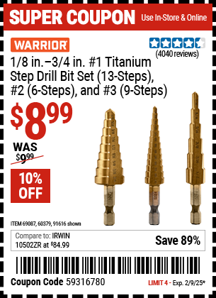 WARRIOR 1/8 in. to 3/4 in. #1 Titanium Step Drill Bit Set (13-Steps), #2 (6-Steps), and #3 9-Steps