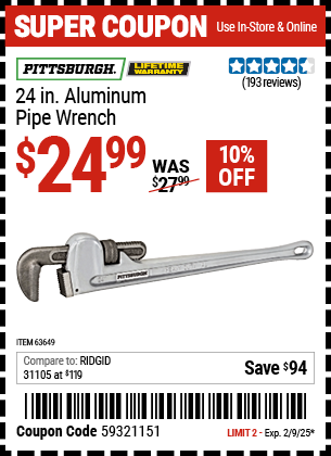 PITTSBURGH 24 in. Aluminum Pipe Wrench