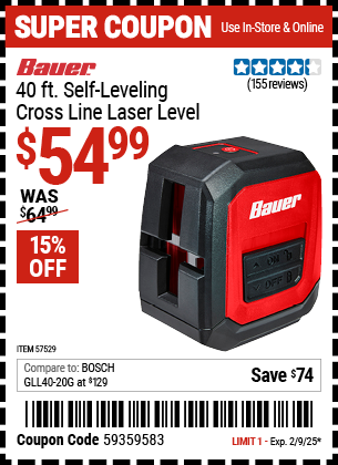 BAUER 40 ft. Self-Leveling Cross Line Laser Level