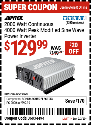 JUPITER 2000 Watt Continuous/4000 Watt Peak Modified Sine Wave Power Inverter