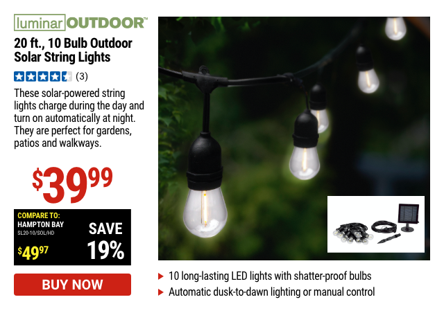 Luminar Outdoor: 20 ft., 10 Bulb Outdoor Solar String Lights