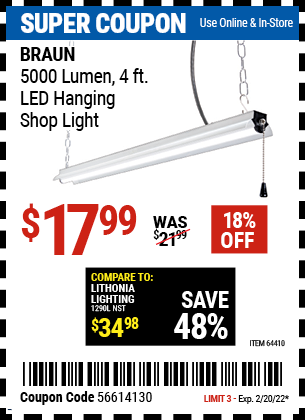 5000 Lumen 4 Ft LED Hanging Shop Light