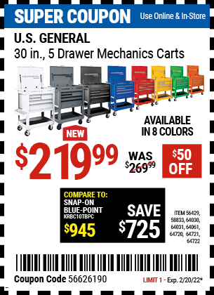 30 in 5 Drawer Mechanic s Cart