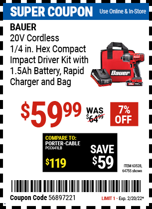 20v Cordless 1 4 in Hex Compact Impact Driver Kit with 1 5Ah Battery Rapid Charger and Bag