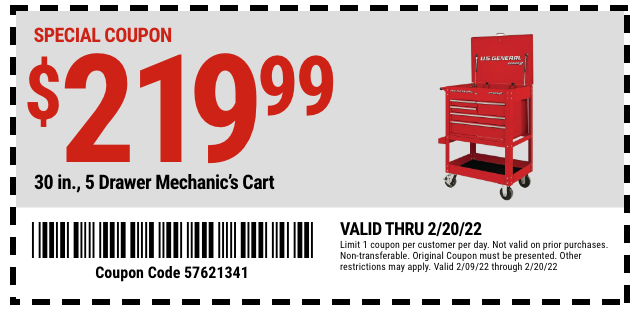 30 in, 30 in, 5 Drawer Mechanic's Cart - Coupon